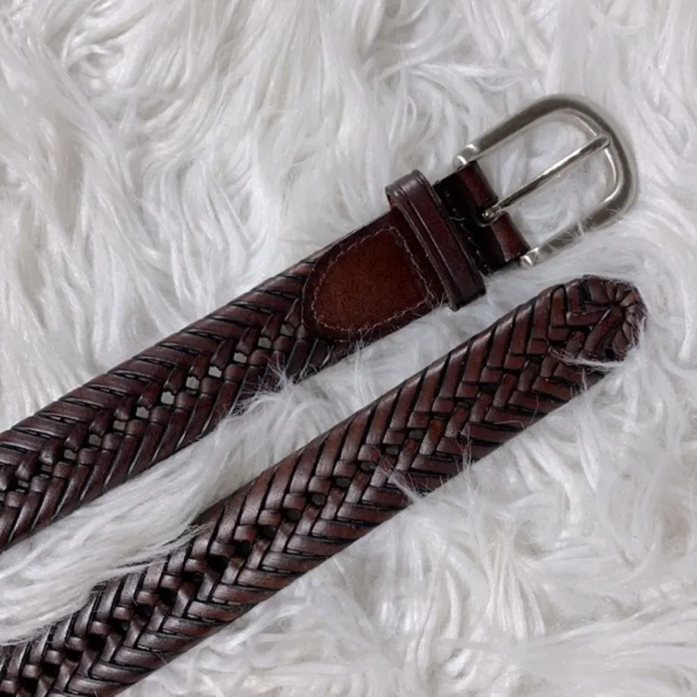 LEATHER belt woven silvertone buckle unisex  size 38/95